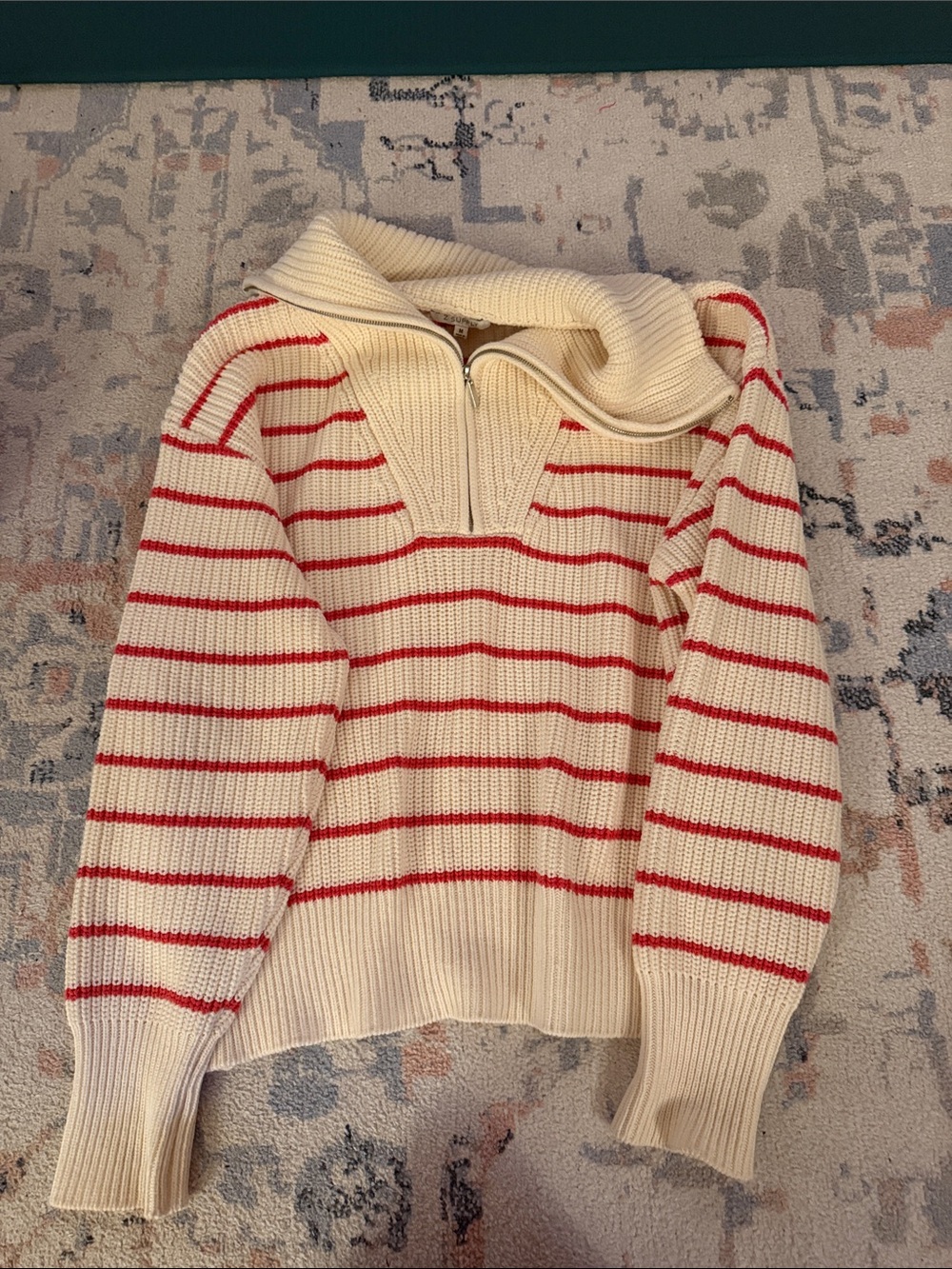 Cream and Red Striped Half-Zip Sweater
